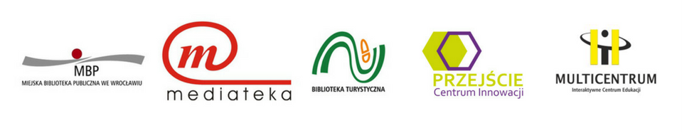 Logotypy: Miejskiej Biblioteki Publicznej we Wrocławiu, Mediateki, Biblioteki Turystycznej, Centrum Innowacji Przejście, MultiCentrum